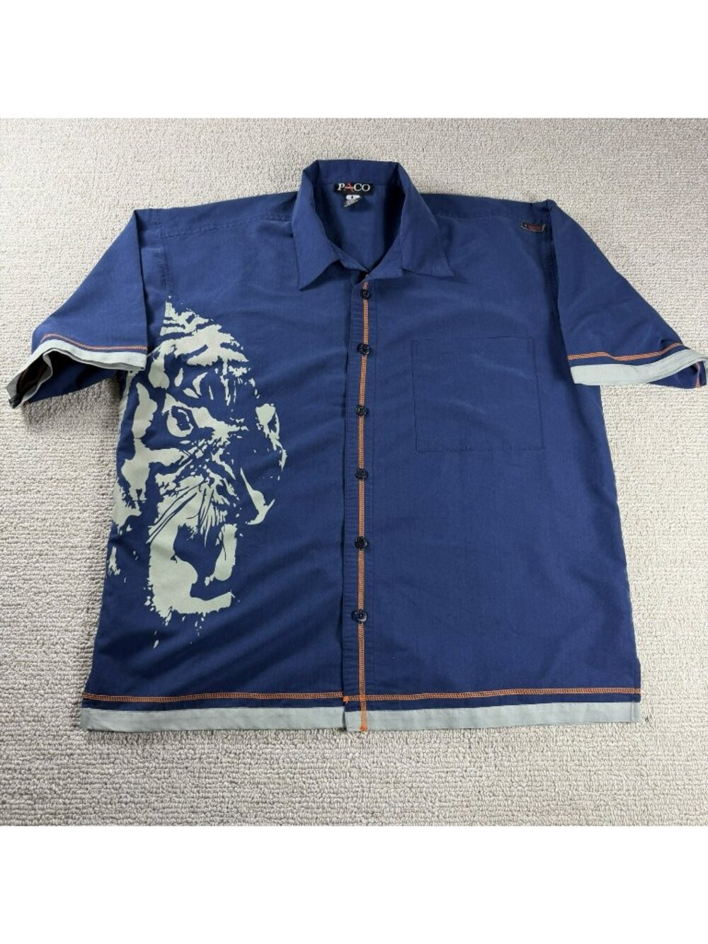 Paco Tiger Logo Oversized Button Up Short Sleeve Shirt Blue Men’s Size Large